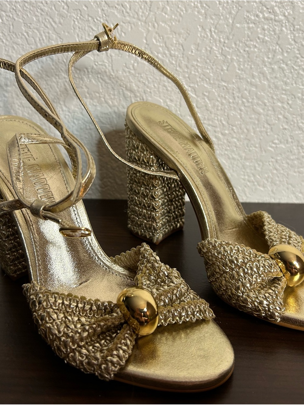 Steve Madden Gold Metallic Bow Block Heel Sandals